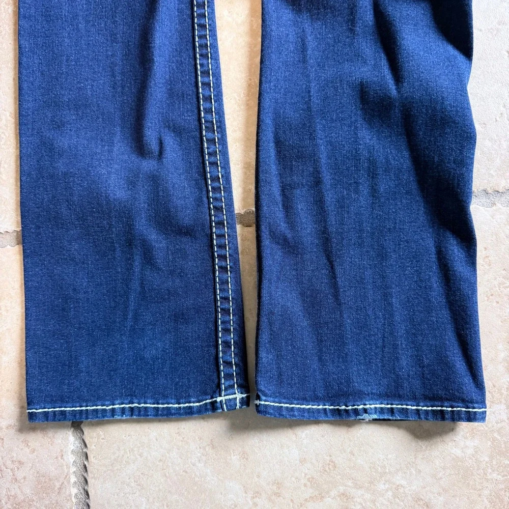 True Religion Straight Flap Jeans Men 32 Dark Blue Natural Big T Contrast Stitch